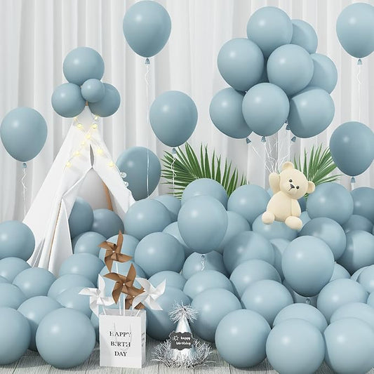 Blue Balloons - 12 Inch, 100 Pack Muted Dusty Blue Latex Balloons for Birthday, Boho Baby Shower, Bachelorette Party Decorations
