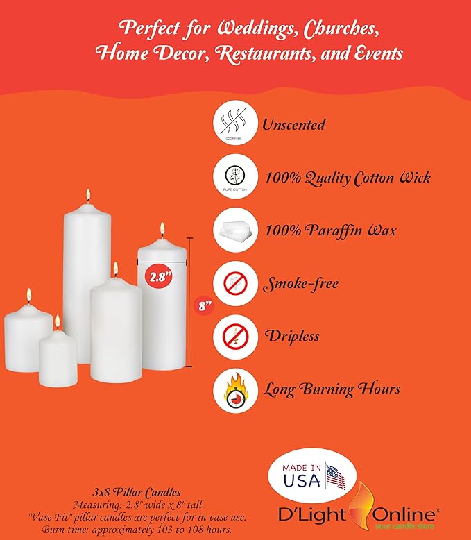 D'light Online 3 X 8 Inch Pillar Candles Set of 12 Bulk Event Pack Round Unscented Premium Wax Pillar Candles for Wedding, Spa, Party, Birthday, Holiday, Bath and Home Decor (3X8, White)