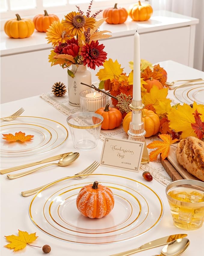 bUCLA 150Pcs Clear Gold Plastic Dinnerware Set - Clear and Gold Disposable Plates Include 25 Dinner / 25 Dessert Plates,25 Knives,25 Forks,25 Spoons,25 Cups for Party, Fall & Thanksgiving
