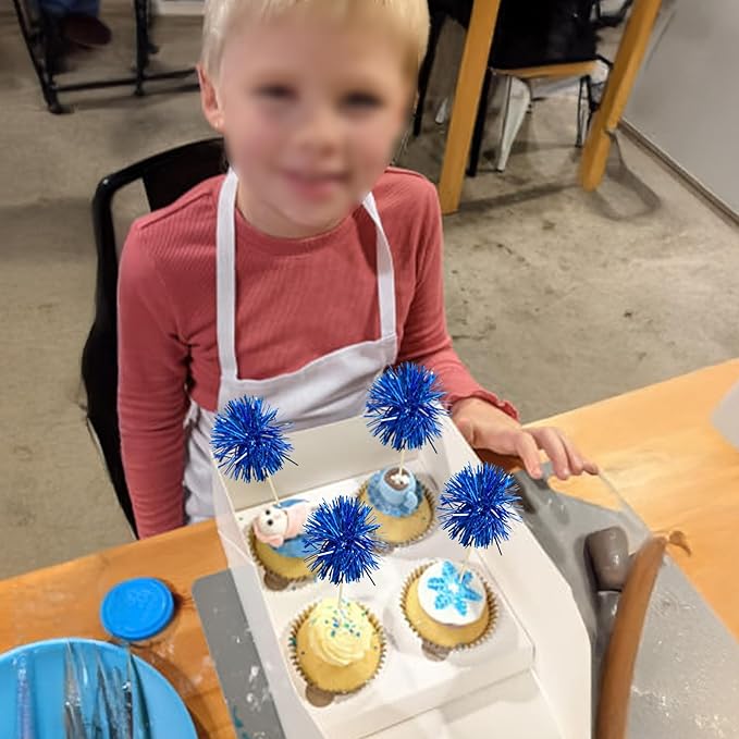 Ephlyn 30Pcs Foil Firework Cupcake Toppers Sparkles Fireworks Sticks Birthday Decorations Sparkle Tinsel Cocktail Fruit Toothpick for Birthday Wedding Graduation Party Cake Decorations Blue