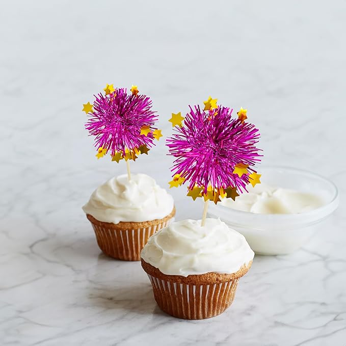 Ephlyn 30Pcs Foil Firework Cupcake Toppers Party Birthday Cake Toppers Supplies Sparkle Tinsel Cocktail Fruit Toothpick for Birthday Wedding Graduation Party Purple