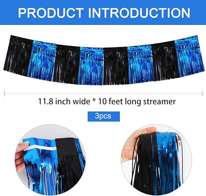 BEISHIDA 3 Packs Metallic Foil Fringe Garland Black Blue Wall Hanging Tinsel Fringe Banners for Car Floats Bridal Shower Wedding Birthday Easter Graduation Holiday Party Decoration(30 Feet)