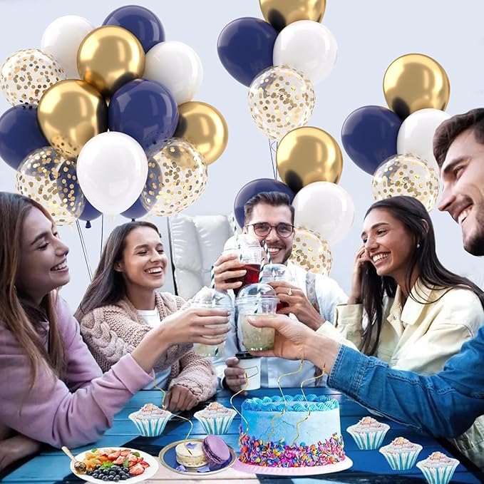 Patimate Navy Blue Gold Balloons Set, 50 pcs 12 inch Metallic Gold Navy Blue White Confetti Latex Balloons Kit for Birthday Baby Shower Graduation Party Decorations