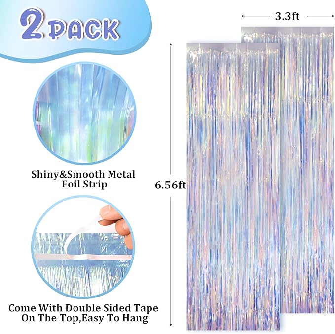 2 Pack Iridescent Foil Fringe Curtains, Holographic Tinsel Streamers Birthday Party Decorations, Fringe Backdrop for Kids Birthday, Baby Shower, Anniversary, Engagement Themes Party