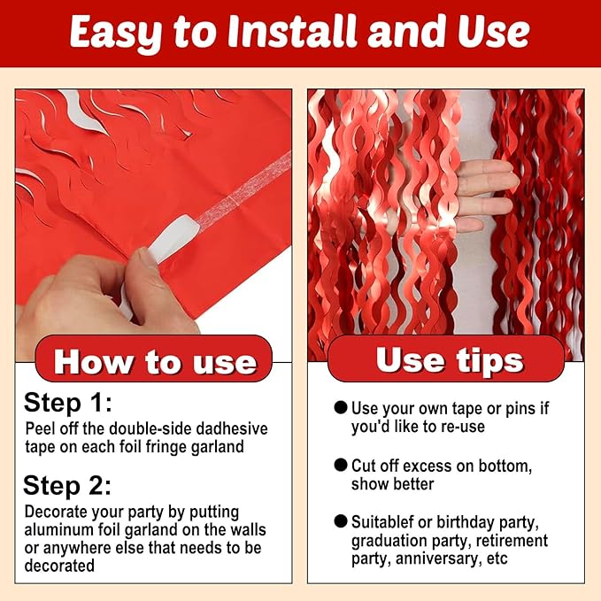 6 Pack 10 Feet Red Wave Foil Fringe Garland Metallic Tinsel Streamers Banner Wall Hanging Curtain Backdrop for Parade Floats, Mother's Day, Easter, Wedding, Birthday Party Decoration