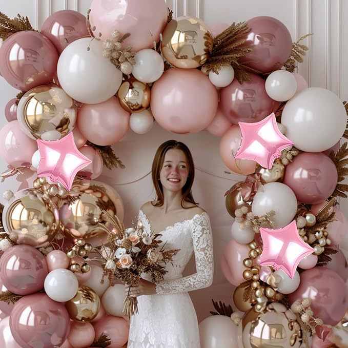 Pink White and Gold Balloon Garland Arch Kit, 160Pcs Pink White Rose Gold Chrome Gold Latex Balloons with Star Foil Balloons for Baby Bridal Shower Wedding Valentine’s Day Birthday Party Decorations
