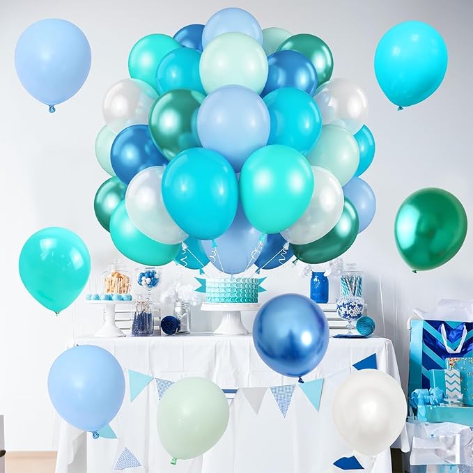 Blue Green Teal Balloons 60 Pcs Ocean Blue Green Pearl White Balloons 12 Inch Under the Sea Shark Whale Underwater World Theme Balloon Set for Boys Baby Shower Gender Reveal Birthday Party Decorations