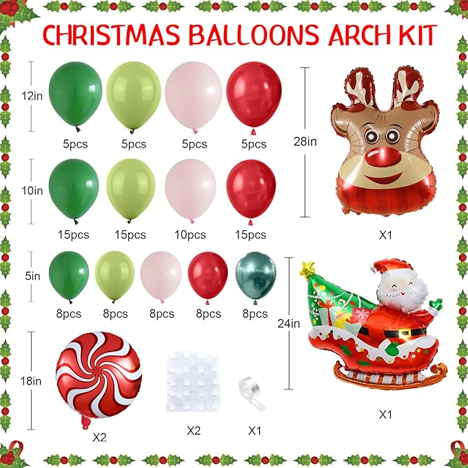 Christmas Balloon Arch Kit, Red Pink Green Christmas Balloon Garland Kit for Xmas Party Decorations, Xmas Balloon Arch Garland with Elk, Santa Claus, Windmill Foil Balloons