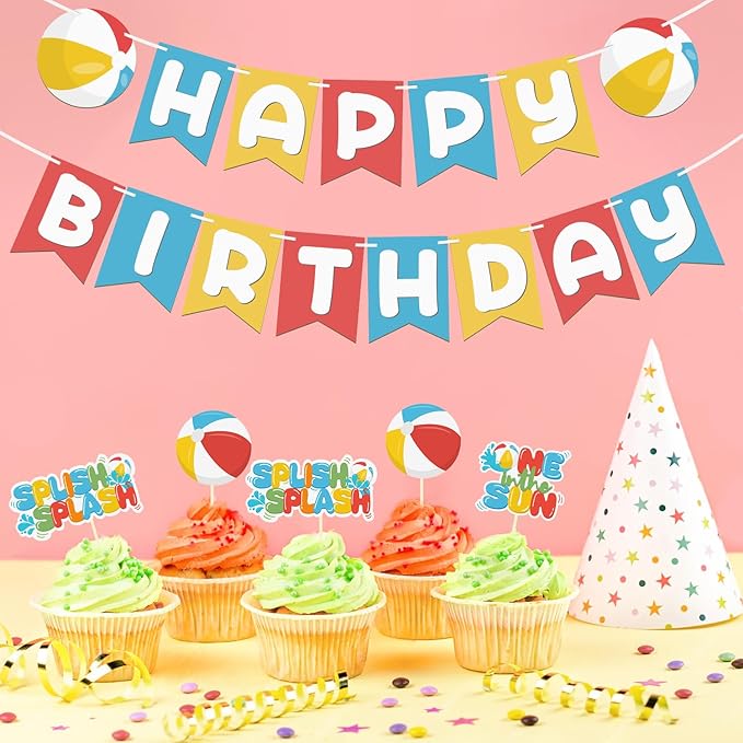 Beach Ball Happy Birthday Banner, 2-Piece Summer Pool Birthday Party Decoration, Beach Ball Colorful Happy Birthday Hanging Banner (Multicolor)