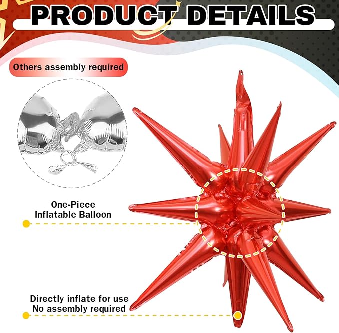 6PCS Black Red Star Balloons, 22Inch Large Star Balloon Foil Balloons Spike Cone Balloon for Birthday Anniversary New Year Halloween Vampire Casino Party Decorations