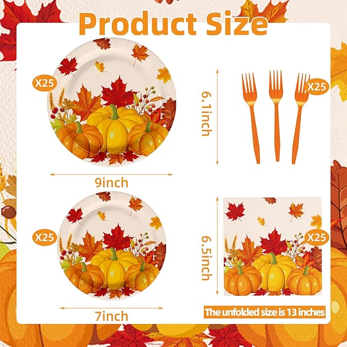 100 Pcs Fall Pumpkin Maple Tableware Party Supplies Set, Serves 25 – Disposable Autumn Harvest Paper Plates, Napkins, and Forks, Thanksgiving Day Dinnerware for Friendsgiving Gatherings Decorations