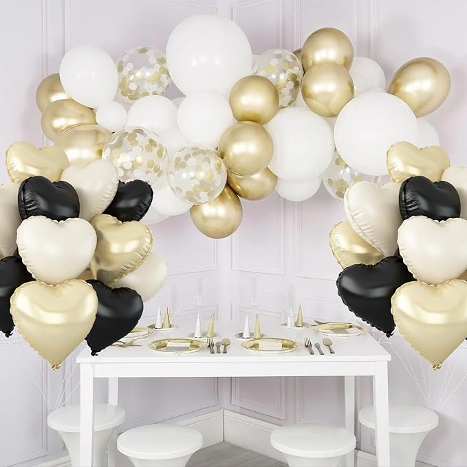 Black White Gold Heart Balloons,12Pcs 18Inch Black Cream White Champagne Gold Heart Shaped Foil Helium Balloons for Birthday Anniversary Wedding Engagement Party Decorations