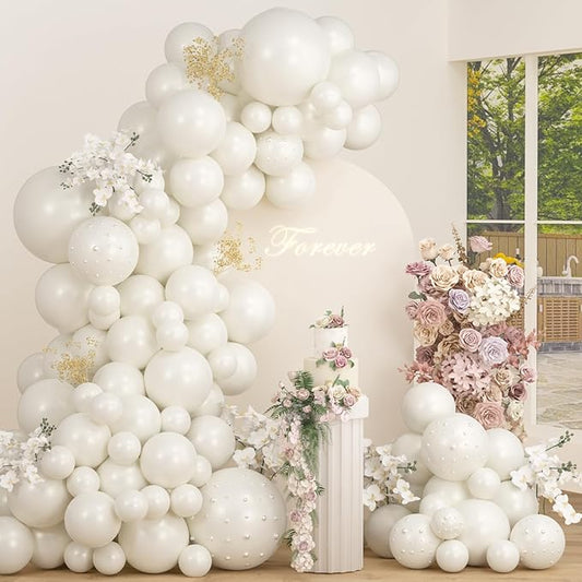Pearl White Balloons With Pearl Stickers, 98PCS Pearl Standard White Double Stuffed Balloons Garland Arch Kit, 18/12/10/5 inch Different Size Balloons for Wedding Bridal Baby Shower Decorations