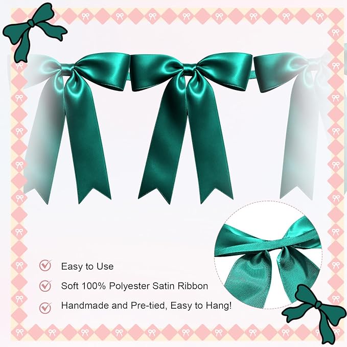 1 String of 8PCS Dark Green Bow Garland Banner Decoration,Pre-Strung Satin Ribbon Ornaments for Birthday,Bachelorette Party,Bridal Shower,Wedding,Engagement,Baby Shower,Graduation Decor,Anniversary