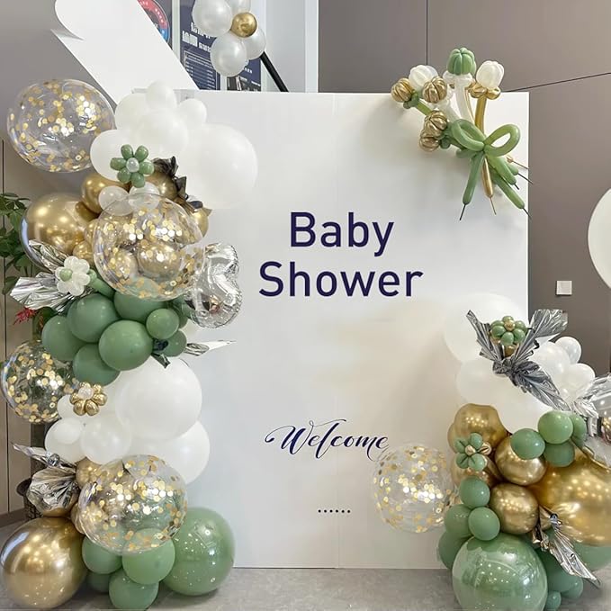 155Pcs Sage Green White Gold Balloon Garland Arch Kit with Gold Confetti Balloons for Graduation Baby Shower Decor Happy Birthday Party Wedding Jungle Decorations