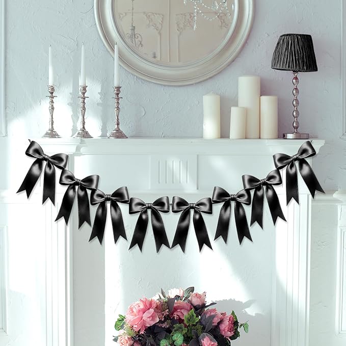 1 String of 8PCS Black Bow Garland Banner Decoration,Pre-Strung Satin Ribbon Ornaments for Birthday,Bachelorette Party,Bridal Shower,Wedding,Engagement,Baby Shower,Graduation Decor,Anniversary