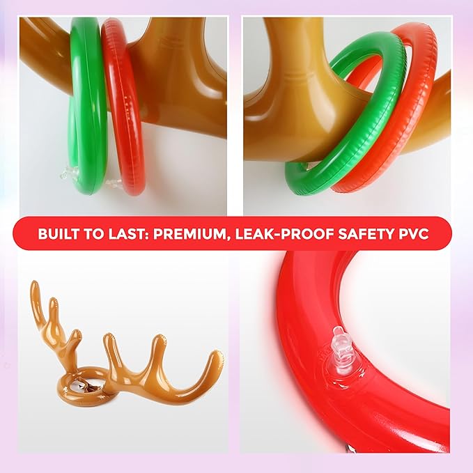 CircleCraft Inflatable Reindeer Antler Ring Toss Game Set – 2025 Christmas Party Games for Families – Includes 2 Antler Hats, 10 Rings, Red Reindeer Noses, and Pump – Perfect for Holiday Fun