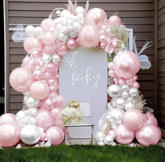 Pearl Pink White Balloon Arch Double Stuffed Pastel Light Pink White Cream Balloon Garland Kit With Bobo Balloons for Birthday Baby Shower Baby in Bloom Wedding Bridal Bachelorette Party Decor