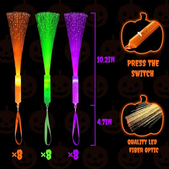 Halloween Glow Sticks Party Favors Supplies for Kids Bulk-24 Pack, Light UP Fiber Optic Wand Toys for Toddlers, Goodie Bag Basket Stuffers Fillers, Non Candy Trick or Treat Party Games Activities
