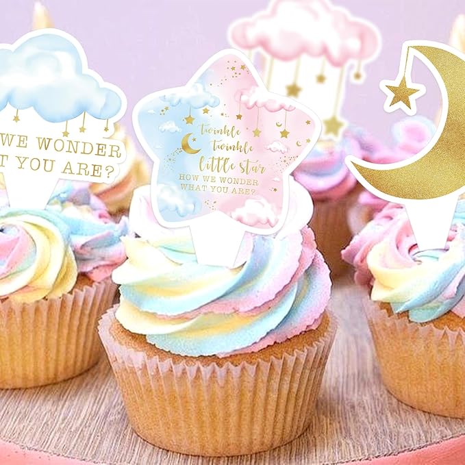 20 PCS Baby Shower Cupcake Toppers, Twinkle Twinkle Little Star Gender Reveal Decorations, Cake Party Supplies Decorations Gender Reveal Party Decorations for Baby Shower Boy Girl Birthday