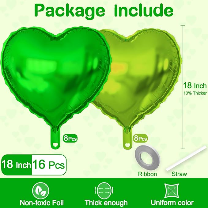 16 Pcs Heart Balloons, 18 Inch Lime Green Love Heart Shaped Foil Balloons for Wedding Anniversary Birthday Party Valentine Decorations Baby Shower Bridal Shower Engagement Decorations Supplies