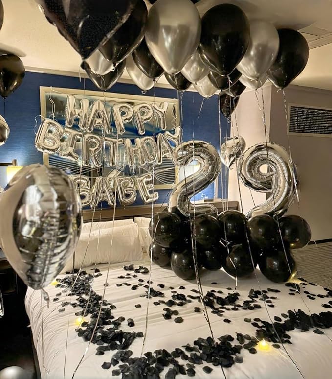 Black and Silver Balloons, 12 Inch Metallic Chrome Black Silver Confetti Latex Helium Balloons for Men Boys Birthday Baby Shower Wedding Engagement Halloween New Year Bachelorette Party Decorations
