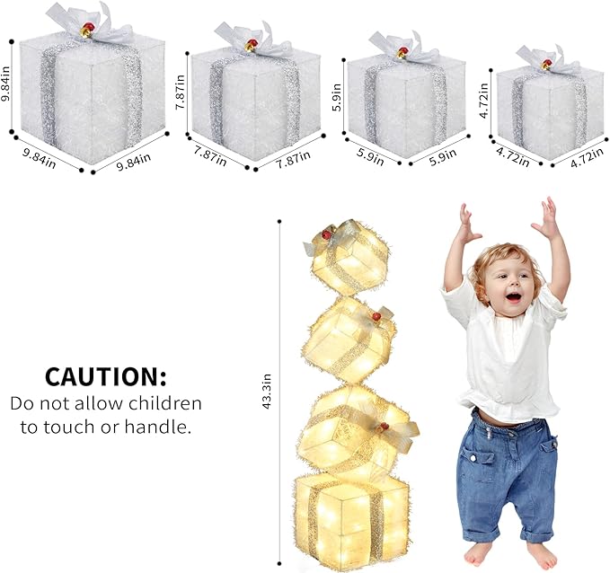 Christmas Lighted Gift Boxes Decorations Set of 4, 3.6Ft Stackable Christmas Nesting Boxes Battery Operated with Timer for Home and Party Decoration