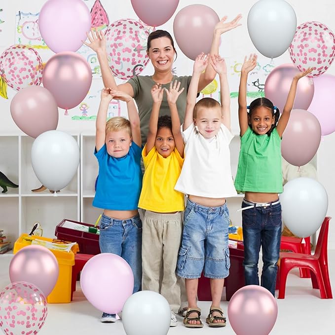 Biapian Pink & White Metallic Chrome Confetti Latex Balloons - 12 Inch Ribbon Party Balloons Set for Girls' Birthday Princess Parties