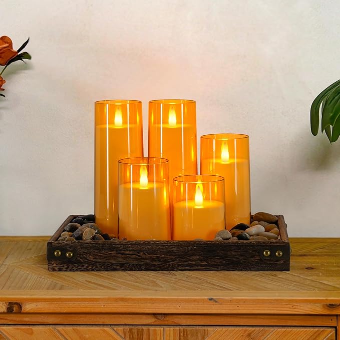 Homemory Realistic Flickering Flameless Candles, Battery Operated Candles with Remote Control and Timer, LED Fake Electric Candle for Home, Christmas Decoration, Gold, Set of 5