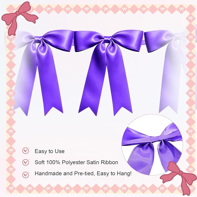 1 String of 8PCS Purple Bow Garland Banner Decoration,Pre-Strung Satin Ribbon Ornaments for Birthday,Bachelorette Party,Bridal Shower,Wedding,Engagement,Baby Shower,Graduation Decor,Anniversary