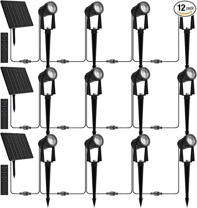 Zyan Solar Landscape Spotlights Outdoor, Auto On/Off, 3 Monocrystalline Panels & USB-C Powered 16200mAh Dusk to Dawn Lighting IP65 Waterproof Warm White LED Spot Lights for Yard Pathway Trees 12 Pack