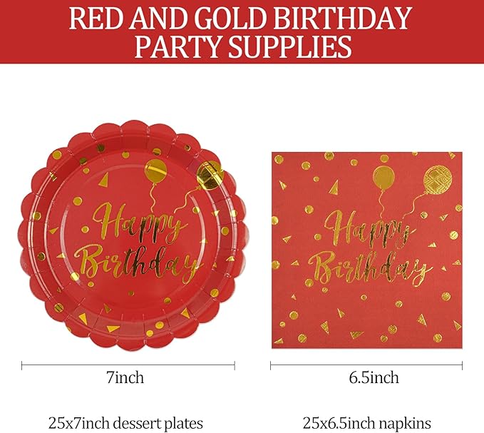 50PCS Happy Birthday Paper Plates and Napkins Party Decorations - 7 Inch Scalloped Red and Gold Dessert Plates and 6.5 Inch Napkins Disposable Tableware Set Birthday Party Supplies, Serves 25