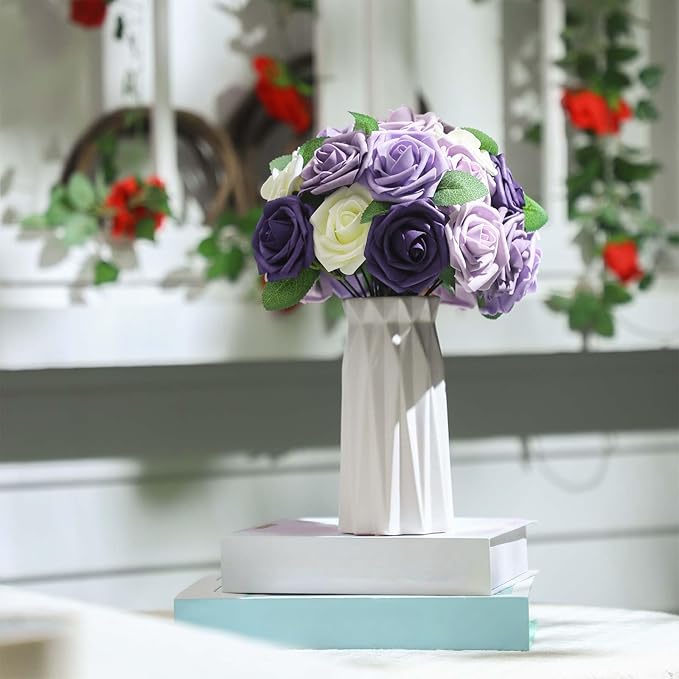 100 Pieces Artificial Foam Rose Flowers Faux Bouquet with Leaves and Stems for DIY Wedding Bouquets Centerpieces Bridal Shower Party Valentine Home Decorations(Shades of Lavender)