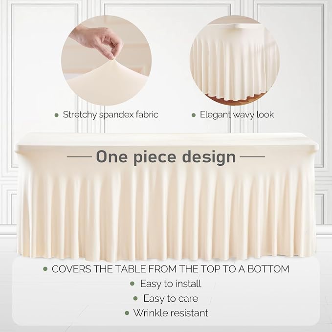 1 Pack Ivory Table Clothes for 4 Foot Rectangle Tables, One-Piece Wrinkle Resistant Stretch Spandex Table Covers with Skirt for Event Banquet Wedding Birthday Party