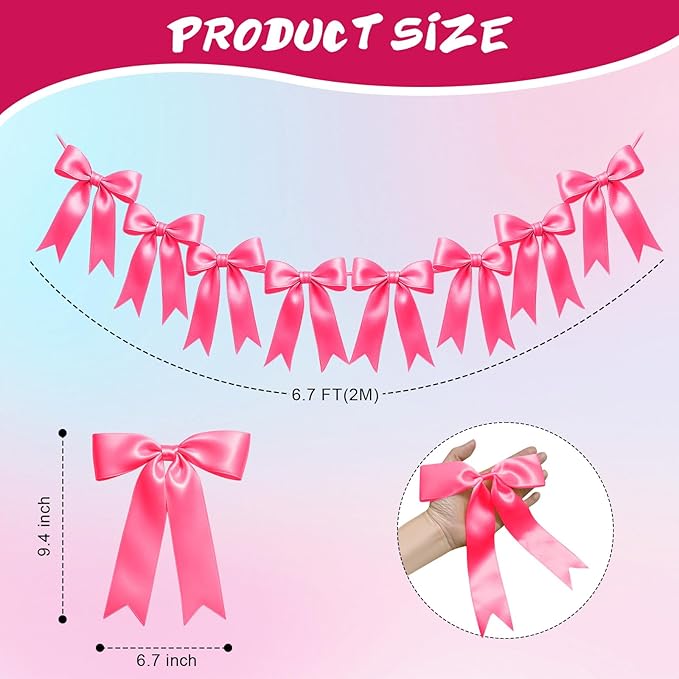 1 String of 8PCS Hot Pink Bow Garland Banner Decoration,Pre-Strung Satin Ribbon Ornaments for Birthday,Bachelorette Party,Bridal Shower,Wedding,Engagement,Baby Shower,Graduation Decor,Anniversary