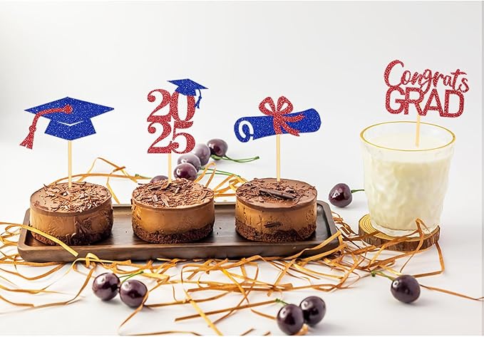 24Pcs Graduation Cupcake Toppers, Graduation Cupcake Picks for Cupcake Food Decorations - Class of 2025 Cupcake Toppers Supplies (Blue Red)