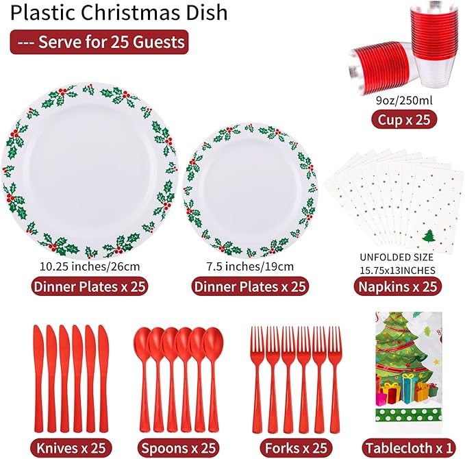 GATHER 176Pcs Christmas Plastic Plates - Green Christmas Plates Disposable and Red Cutlery Set Includes 50 Plate 75 Plastic Silverware 25 Cups 25 Napkins and 1 Tablecloths for Xmas Party