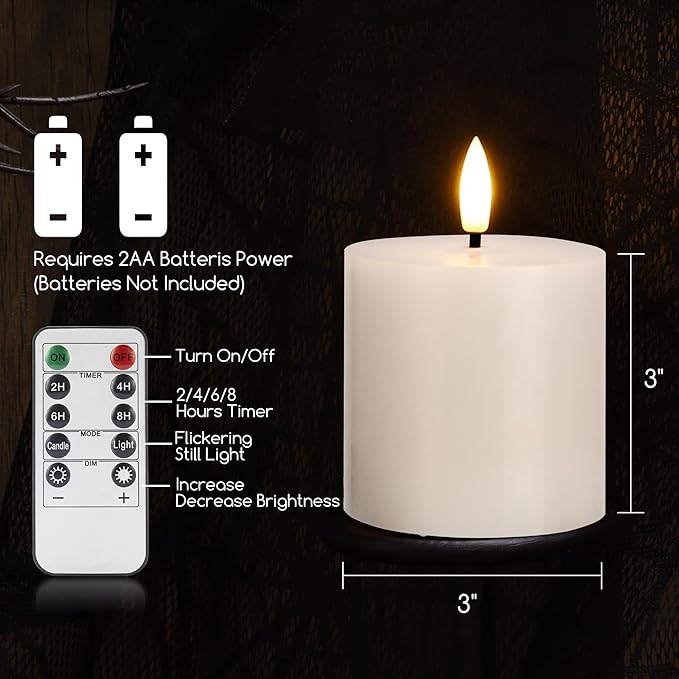 White Flameless Candles Set of 3 (3"x3") Battery Operated LED Pillar Candles with Remote and Timer, Real Wax Flickering Candles for Fireplace Bedroom Living Room Home Decor and Indoor Use