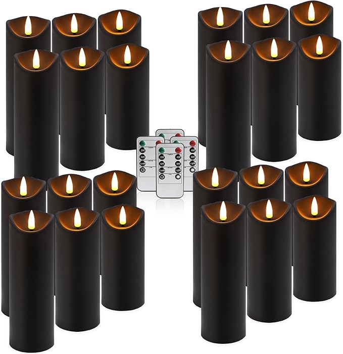 24 Pack Halloween Decoration Flickering Flameless Candles, Battery Operated LED Pillar Candles with Remote Control and Timer.for Home Decor (D2.2 xH 5" 6" 7" Black)