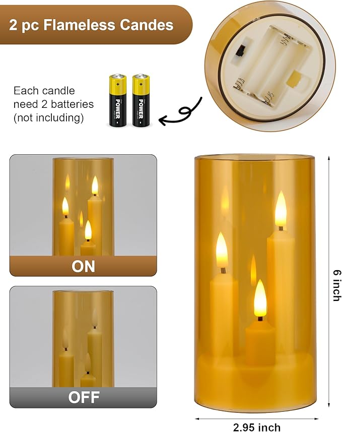 Enido Gold 2 Pc 3-in-1 Taper Flameless LED Candles with Remote, Battery Operated Acrylic Pillar Set, 3" x 6" Flickering Electric Lights for Cozy Home & Holiday Romantic Decor
