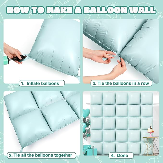 NISOCY 25PCS Pastel Green Square Foil Balloons Wall Backdrop Double Sided Pastel Green Balloons Arch Kit for Birthday Baby Bridal Shower Gender Reveal Easter Wedding Anniversary Party Decorations