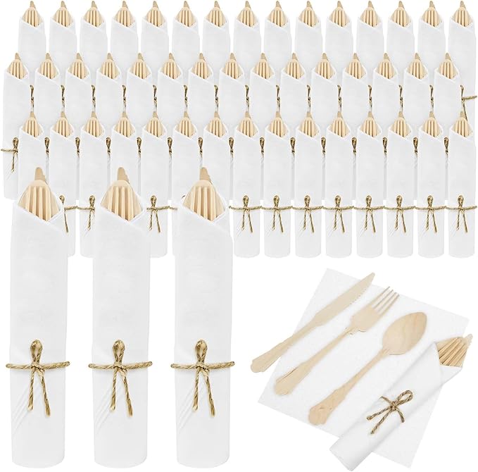100Pack Pre Wrapped Disposable Wooden Cutlery - Pre Rolled Wooden Spoons Forks Knives with Napkins, Wrapped Silverware Set Disposable, Biodegradable Cutlery with Napkins for Wedding