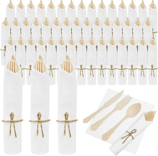 100Pack Pre Wrapped Disposable Wooden Cutlery - Pre Rolled Wooden Spoons Forks Knives with Napkins, Wrapped Silverware Set Disposable, Biodegradable Cutlery with Napkins for Wedding