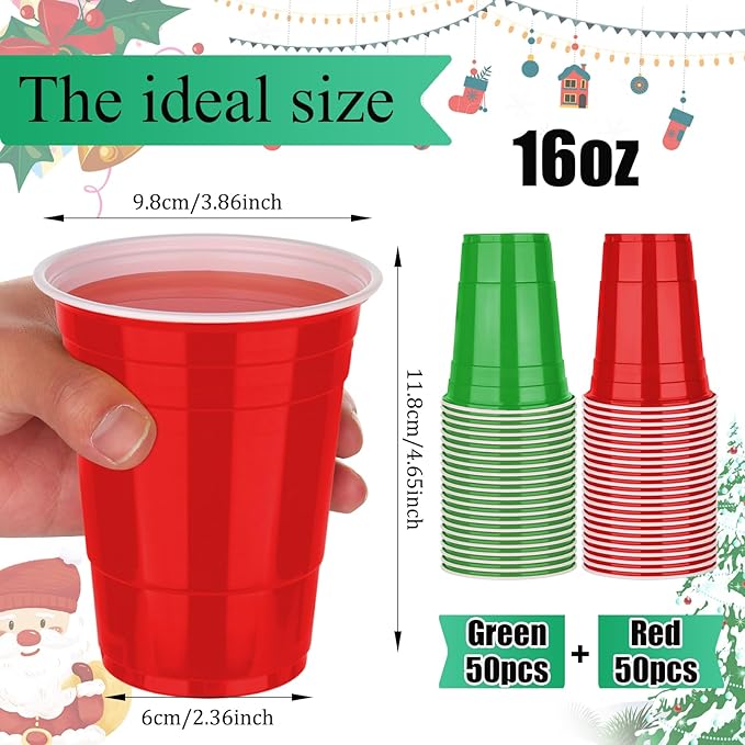 KesaPlan 100 PCS 16 OZ Plastic Cups, Christmas Party Cups Red and Green Cups Disposable Cups Bulk for Party Graduation Thanksgiving Wedding Birthday Halloween Family Gatherings Festive Celebrations