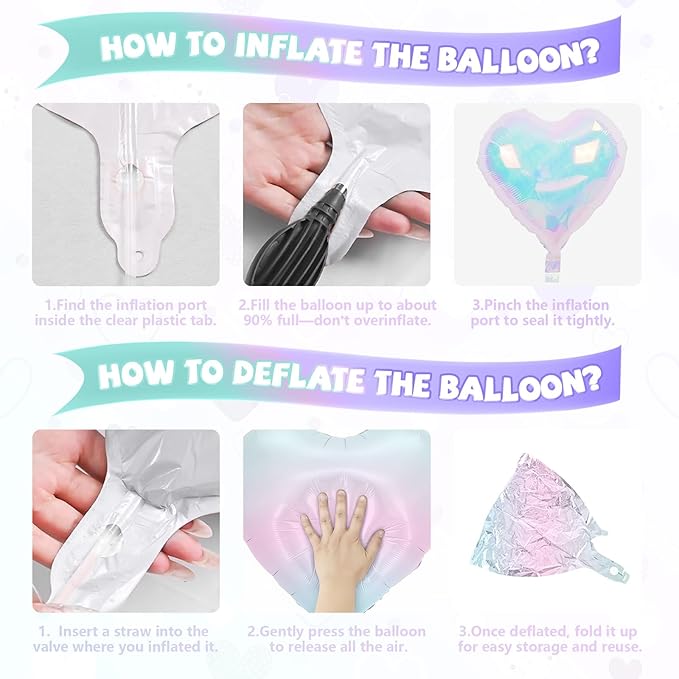 Iridescent Heart Balloons, 10 Pcs Crystal Heart Shaped Balloon, 18 Inch Transparent Gradient Blue Purple Foil Balloons for Engagement Brithday Baby Shower Wedding Valentines Mermaid Party Decoration