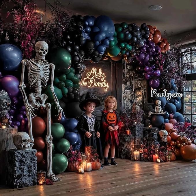 Halloween Balloon Arch Double Stuffed, Dark Green Navy Blue Burgundy Purple Black Balloon Garland Kit for Halloween Birthday Witch Gothic Spooky Magic School Party Decoration
