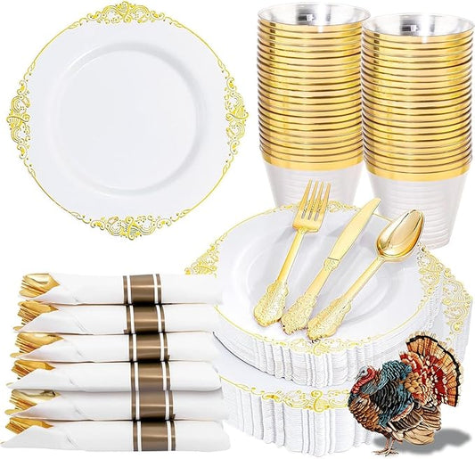 Nervure 175PCS Gold Plastic Plates - Disposable White Gold Party Plates & Pre Rolled Napkins with Cutlery for 25 Guests, 50Plates, 75Silverware, 25Cups, 25Napkin for Wedding & Party & Thanksgiving