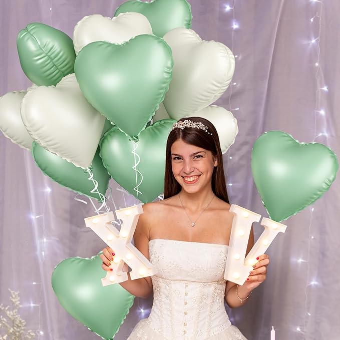Sage Green White Heart Balloons, 10PCS Green Beige Foil Heart Balloons, 18inch Olive Green Cream White Heart Shape Balloons for Neutral Jungle Birthday Baby Shower Valentines Wedding Party Decorations