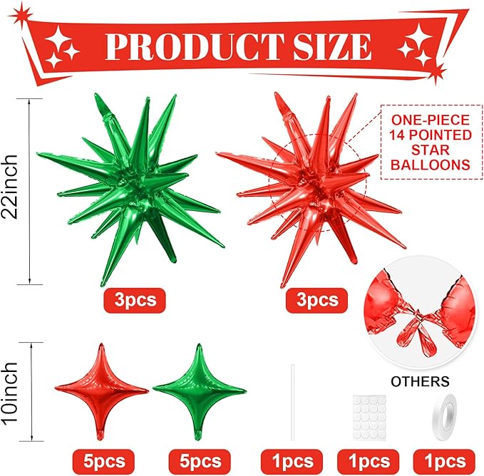 Red Green Star Balloons,Explosion Star Balloons Kit with 6Pcs 22Inch Cone Star Foil Balloons and 10Pcs 10Inch Four Pointed Star Balloons for Christmas Birthday Anniversary Party Decorations