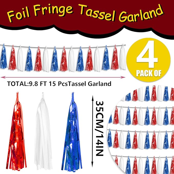 4P Red Blue White Foil Fringe Metallic Tassel Streamers Banner Tassel Garland for Parade Floats, Graduation, Wedding, Birthday, Halloween, Christmas, Independence Day, 4th of July, Party Decorations
